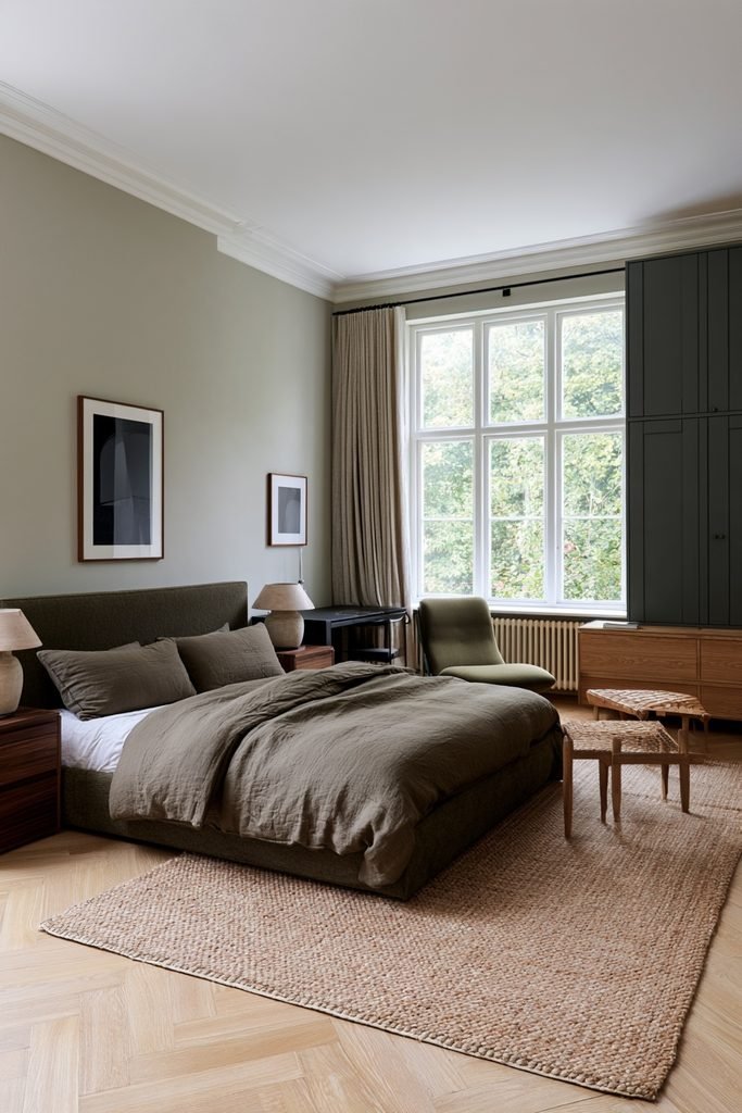 Neutral Scandinavian bedroom with warm taupe walls, natural wood furniture, ivory bedding, and herringbone flooring