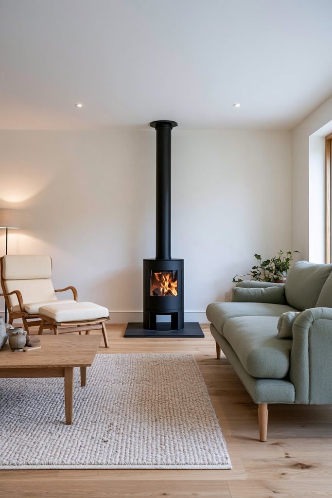 Minimalist living room with a matte-black log burner against a simple white plaster surround, sage green sofa, armchairs, oak flooring, and neutral decor.