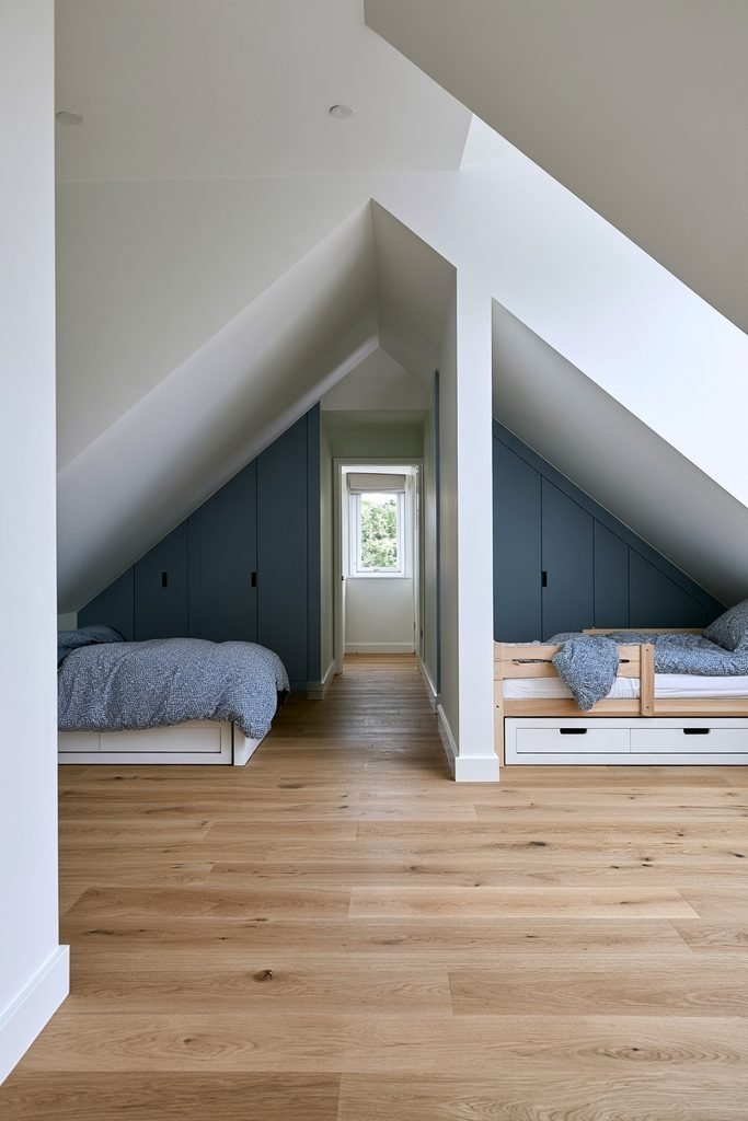 Compact loft conversion divided into two children's bedrooms with sloped ceilings, single beds, and eaves storage