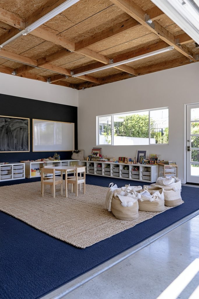 Family garage conversion playroom with a chalkboard wall, toy cubbies, storage bins, children's furniture, and durable flooring.