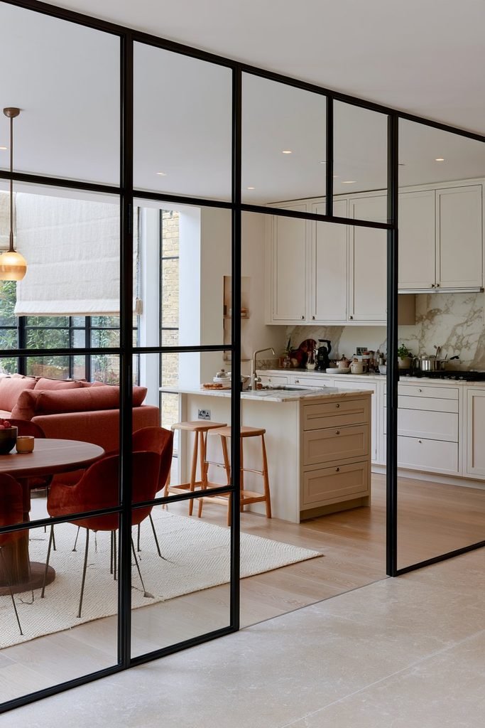 Modern kitchen-diner separated from the living room by floor-to-ceiling black Crittall glass doors