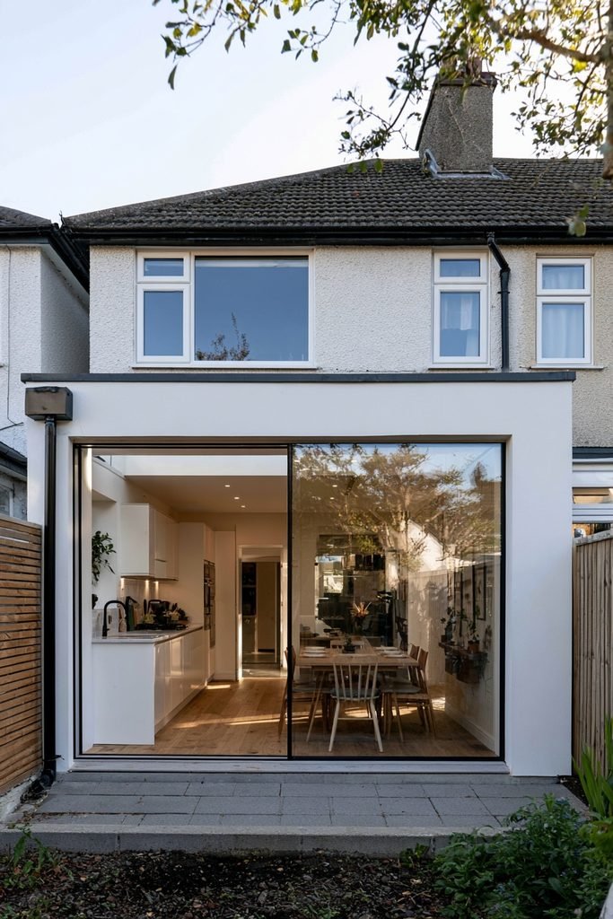 Attached garage conversion extending a kitchen into a dining area with fitted cabinetry, dining table, and large glazed opening.