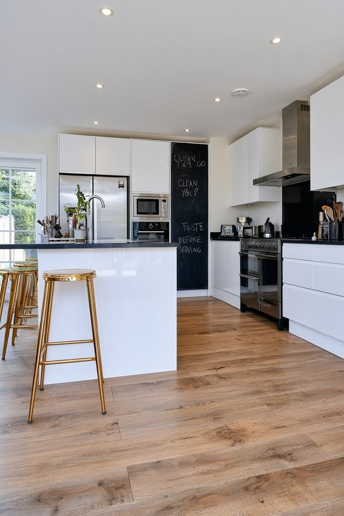 Built-in kitchen rules chalkboard with cooking reminders integrated into a family kitchen cabinet.