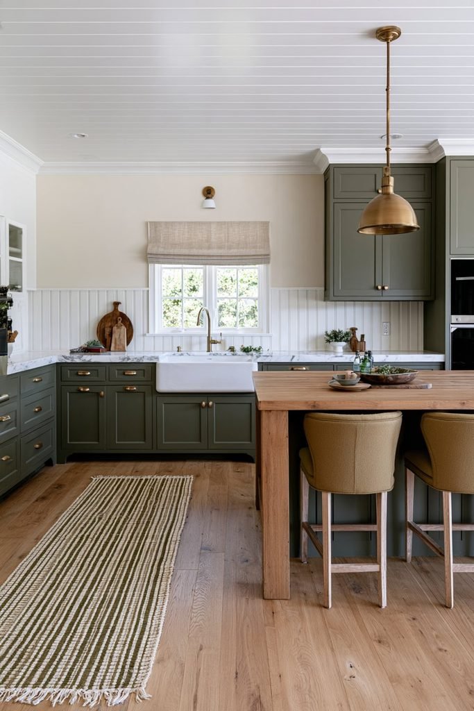 Off-white beadboard wainscoting in a farmhouse kitchen with warm gray walls, wood cabinetry, marble countertops and gold hardware