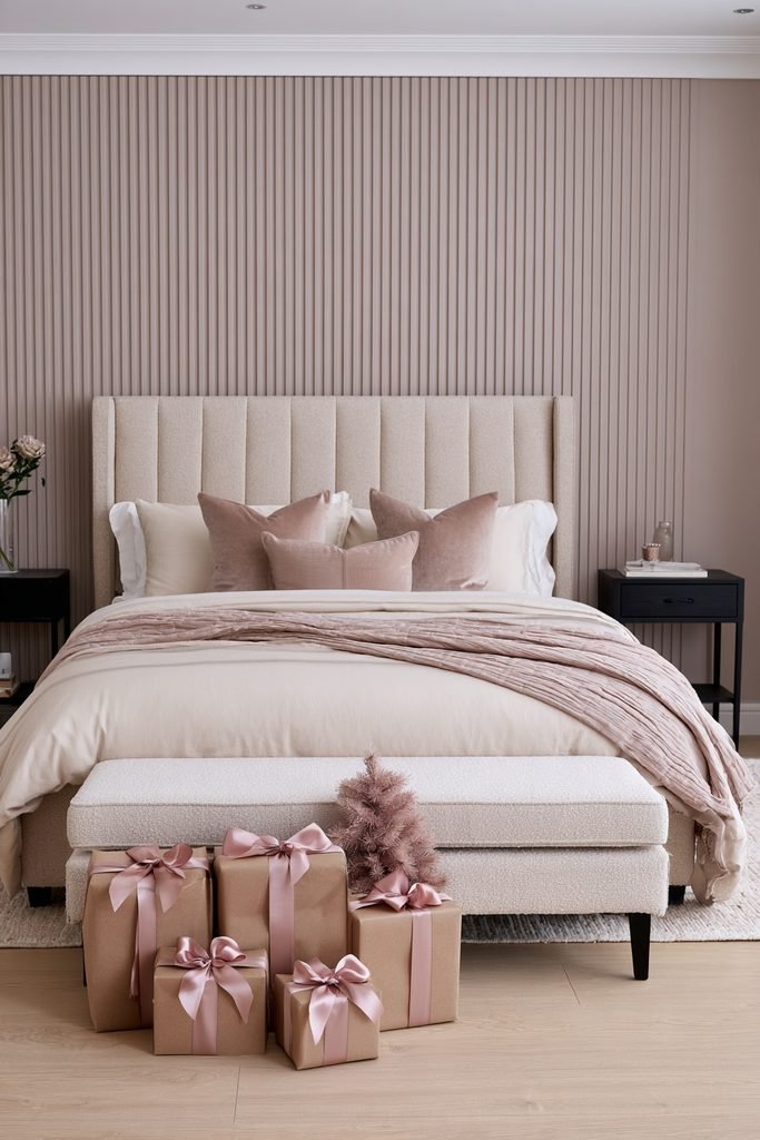 Kraft paper Christmas gifts wrapped with pink satin ribbon arranged beneath a bedroom Christmas tree