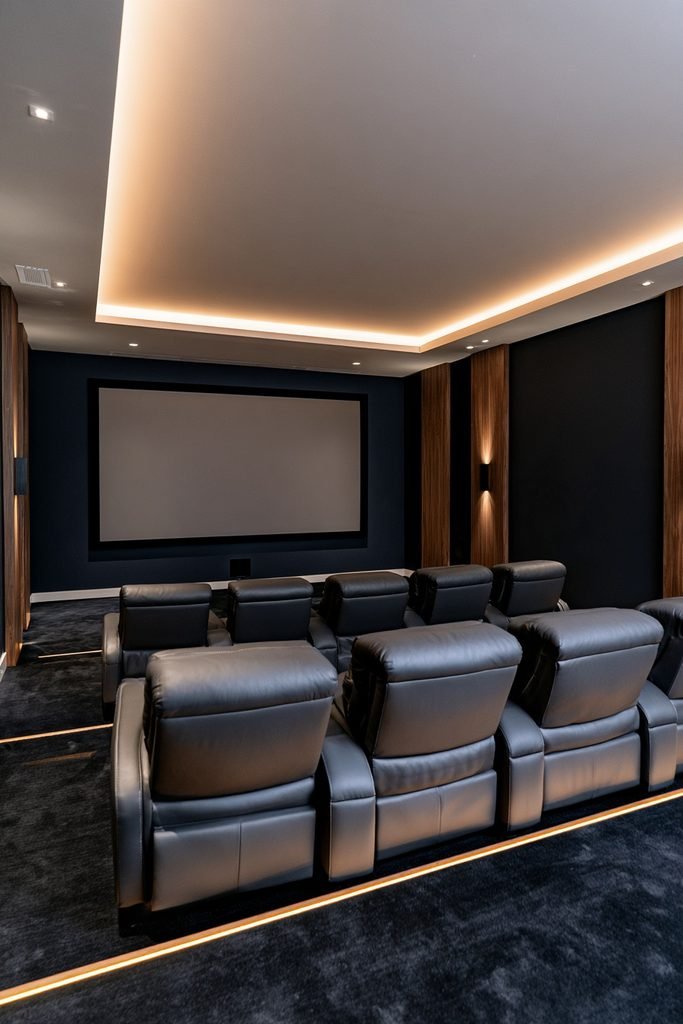 Modern home theater with warm LED cove lighting, acoustic walls, and rows of recliners