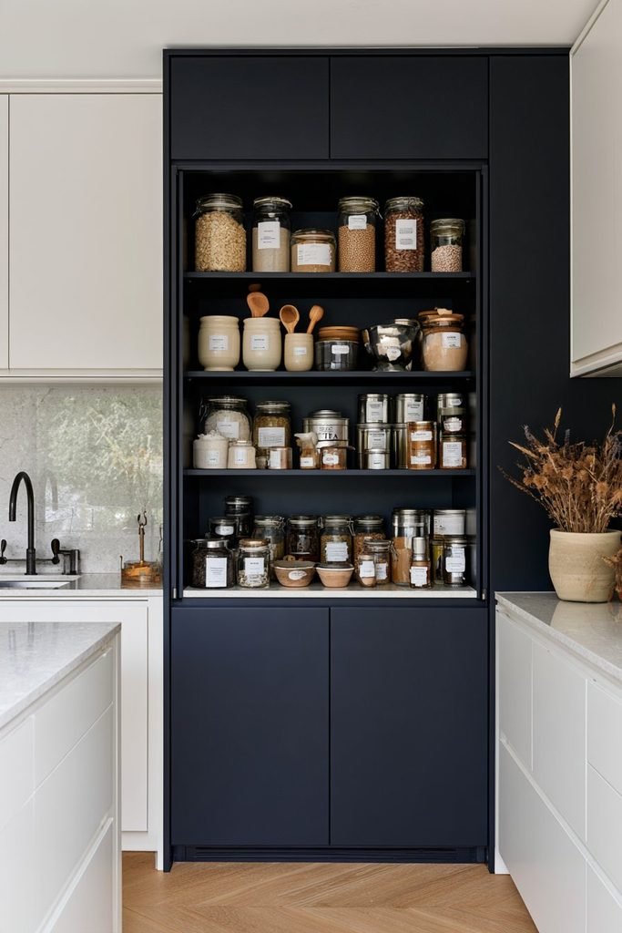 Organized larder cupboard with labeled glass jars containing flour, rice, pasta, oats, sugar, and other pantry staples