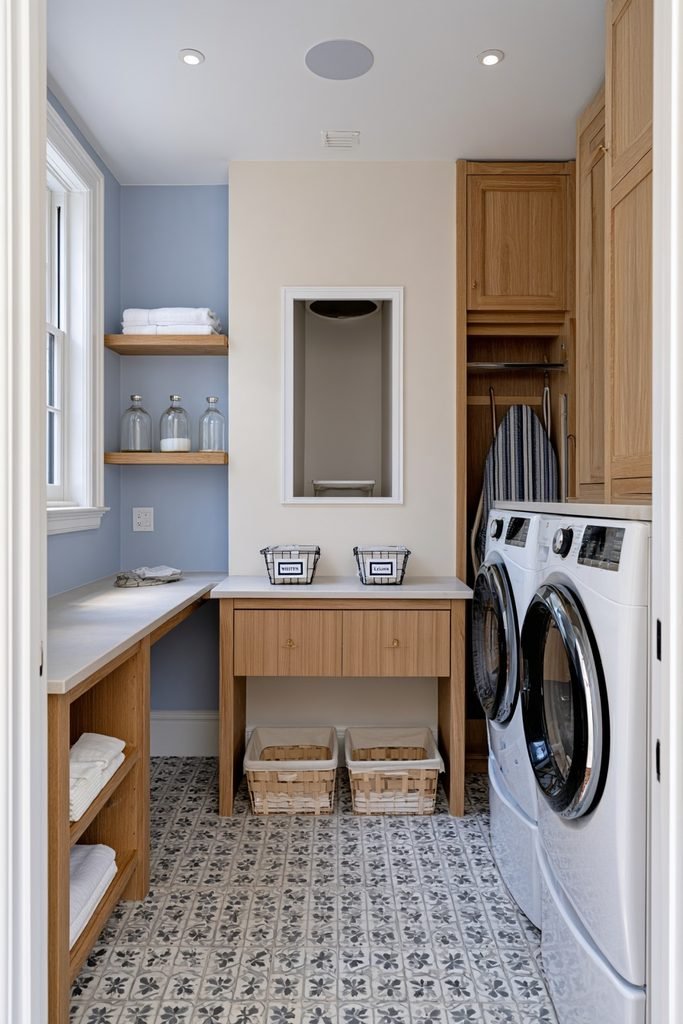 Built-in laundry chute with sorting baskets and stacked washer and dryer in a townhouse utility room