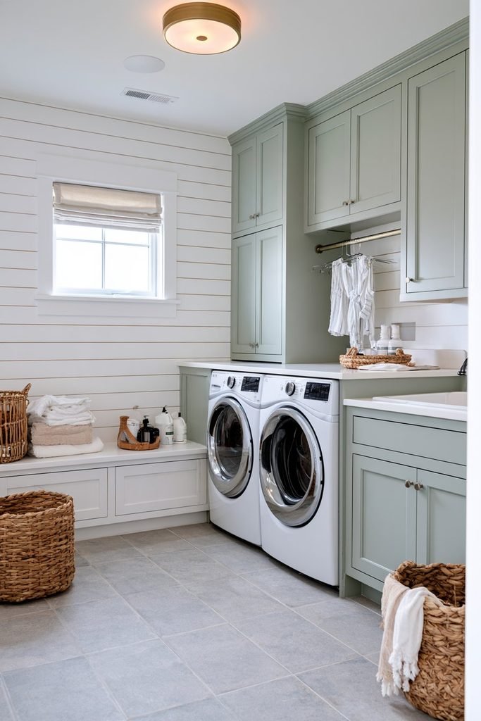 White horizontal shiplap wall with mint green cabinetry, washer and dryer, folding counter, utility sink, and organized laundry storage.