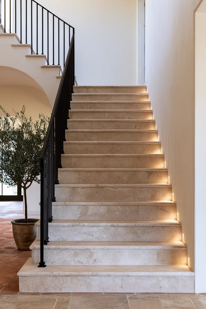 Contemporary staircase featuring durable stone tile treads and modern railing