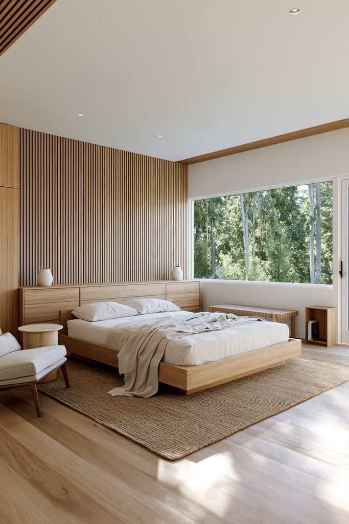 Scandinavian bedroom with natural oak furniture, wood flooring, dusty blue walls, and warm Nordic styling