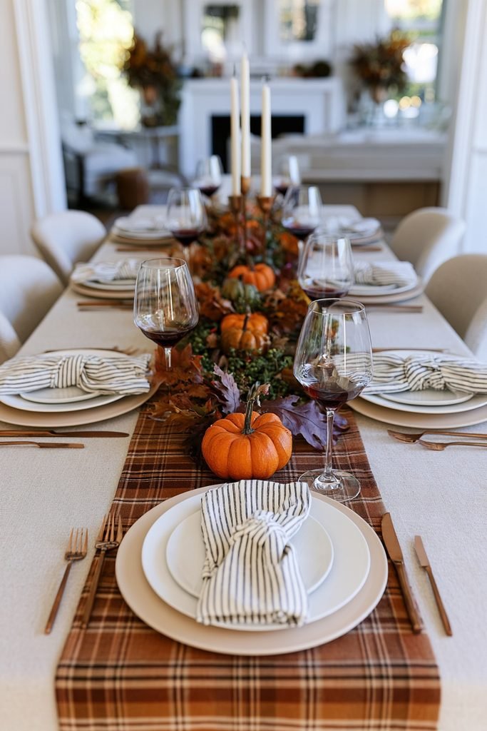 Thanksgiving tablescape with a neutral tablecloth, plaid runner, striped napkins, and natural autumn accents.