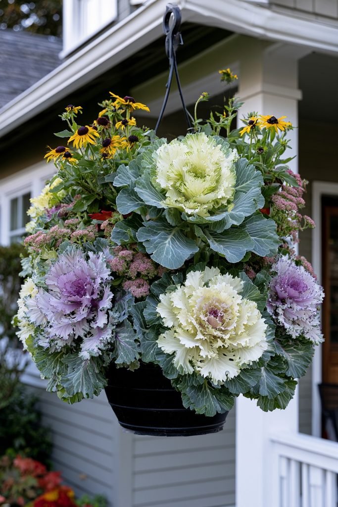 Ornamental kale and cabbage layered with fall flowers in a seasonal container planter