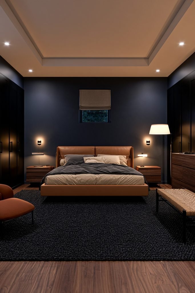 Cozy Scandinavian bedroom with layered warm lighting, blue-gray walls, oak bed, and practical bedside lamps