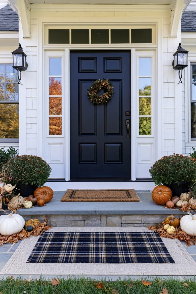 Fall-themed plaid doormat layered over a neutral rug at a welcoming Thanksgiving front entrance.