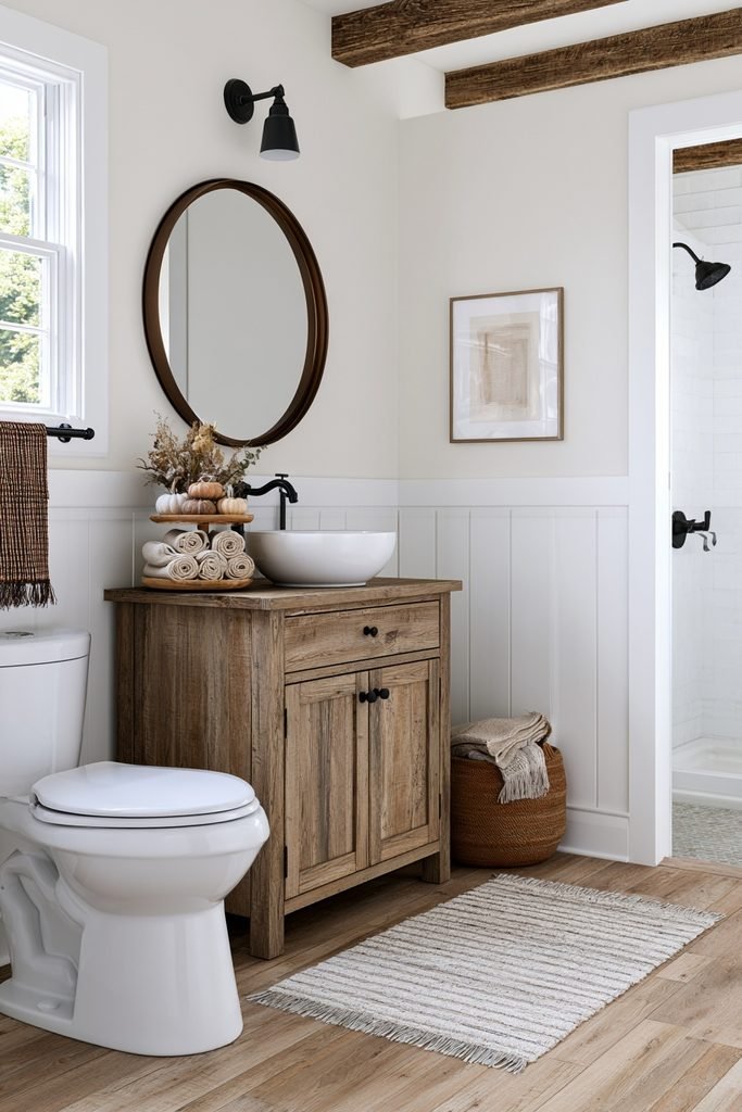 Small bathroom vanity with a tiered tray, rolled towels and fall accents
