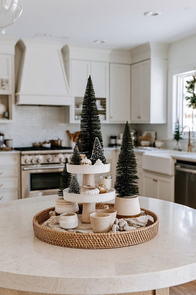 Tiered Christmas tray with mini trees, ornaments, candles, and natural textures