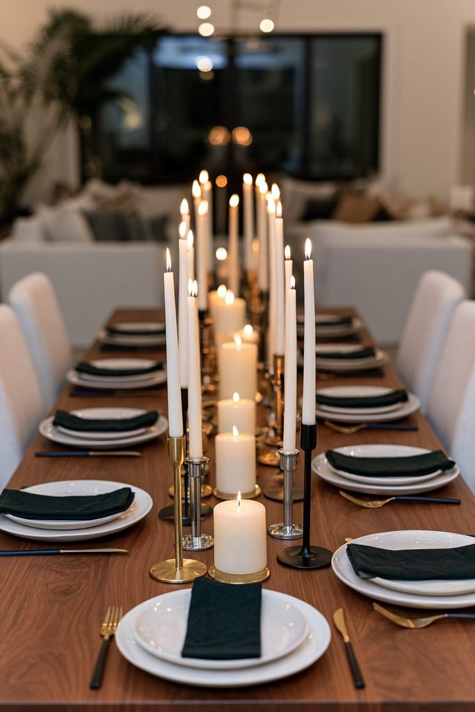 New Year's Eve dining table with layered taper and pillar candles in gold, silver, and black holders