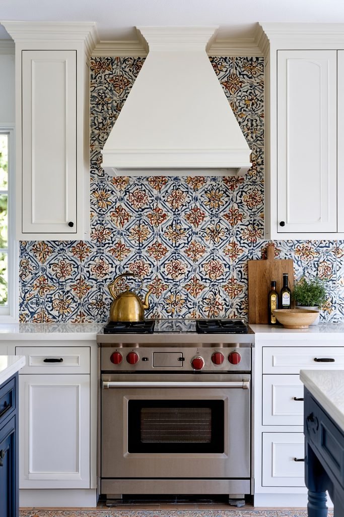 Eclectic kitchen featuring a colorful Moroccan patterned tile backsplash with geometric and floral details.