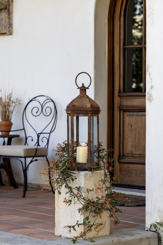 Weathered porch lantern decorated with bittersweet vine and autumn berries