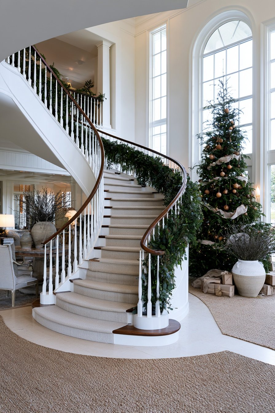 Curved staircase decorated with layered cedar, spruce, and eucalyptus in a botanical Christmas home interior.