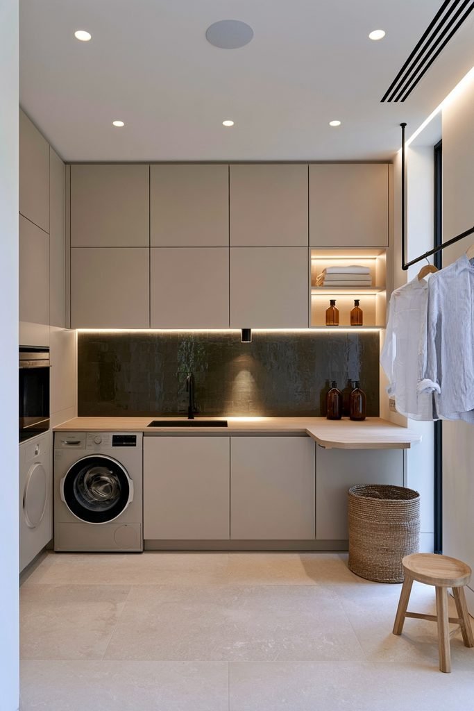 Compact utility room with layered task lighting, under-cabinet LEDs and recessed ceiling lights