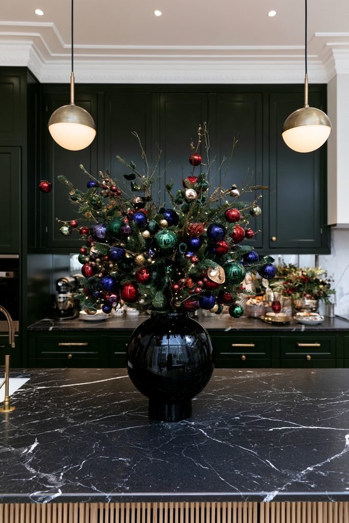 Jewel-tone Christmas kitchen decor with emerald, ruby, sapphire, and gold accents