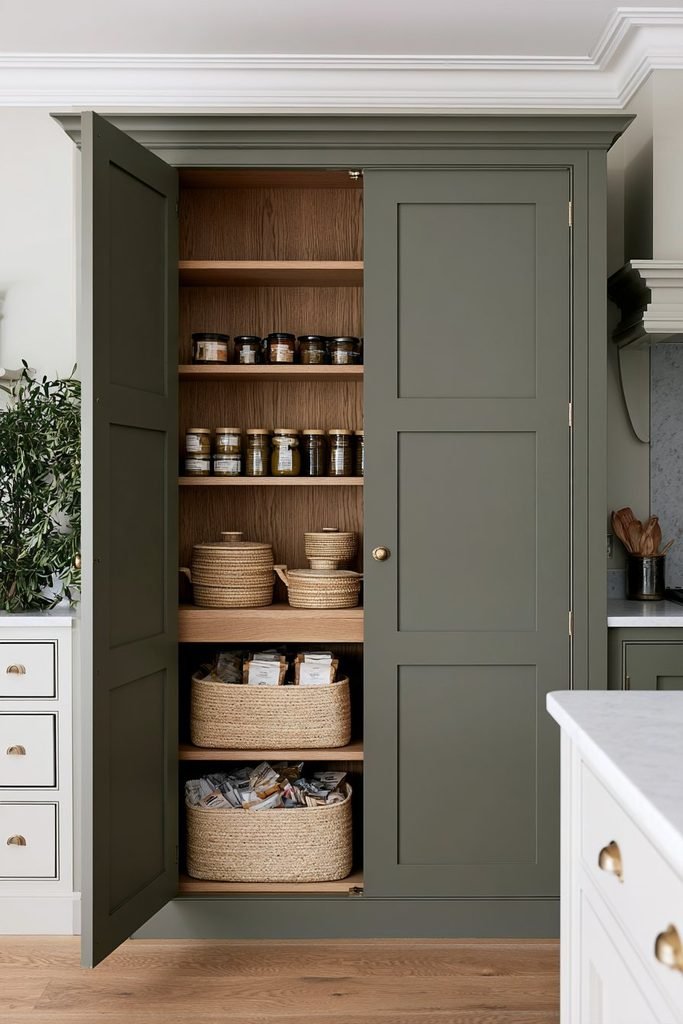 Sage green larder cupboard with oak shelves, brass hardware, woven baskets, and organized pantry storage