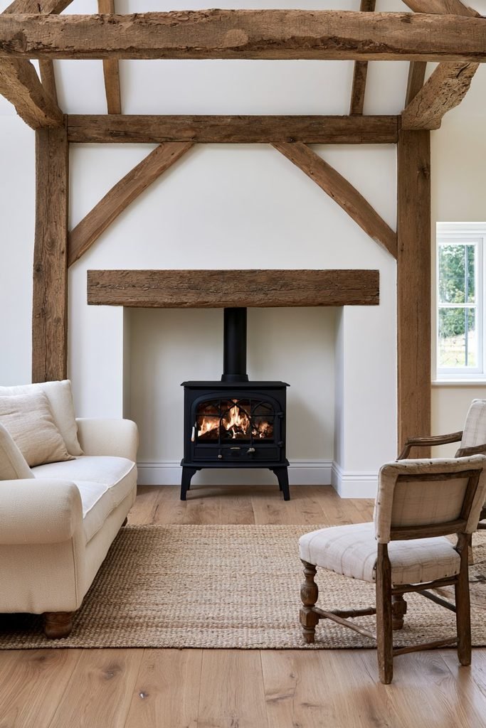 Farmhouse living room with a black log burner beneath a reclaimed oak beam mantle, natural stone hearth, exposed timber beams, cream sofa, and leather armchairs.