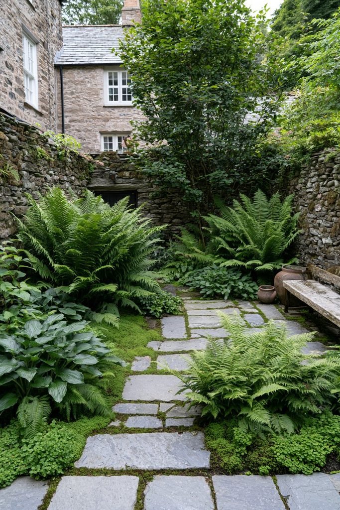 Cottage house courtyard with lush shade-loving ferns and natural stone landscaping
