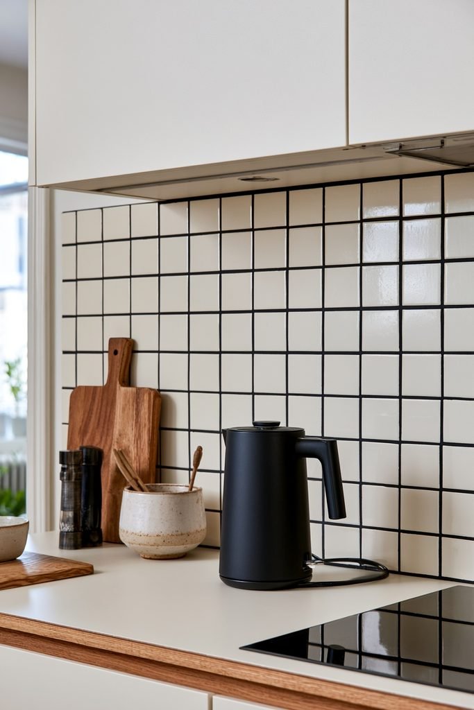Scandinavian kitchen featuring a simple square tile backsplash with bold contrasting grout lines.