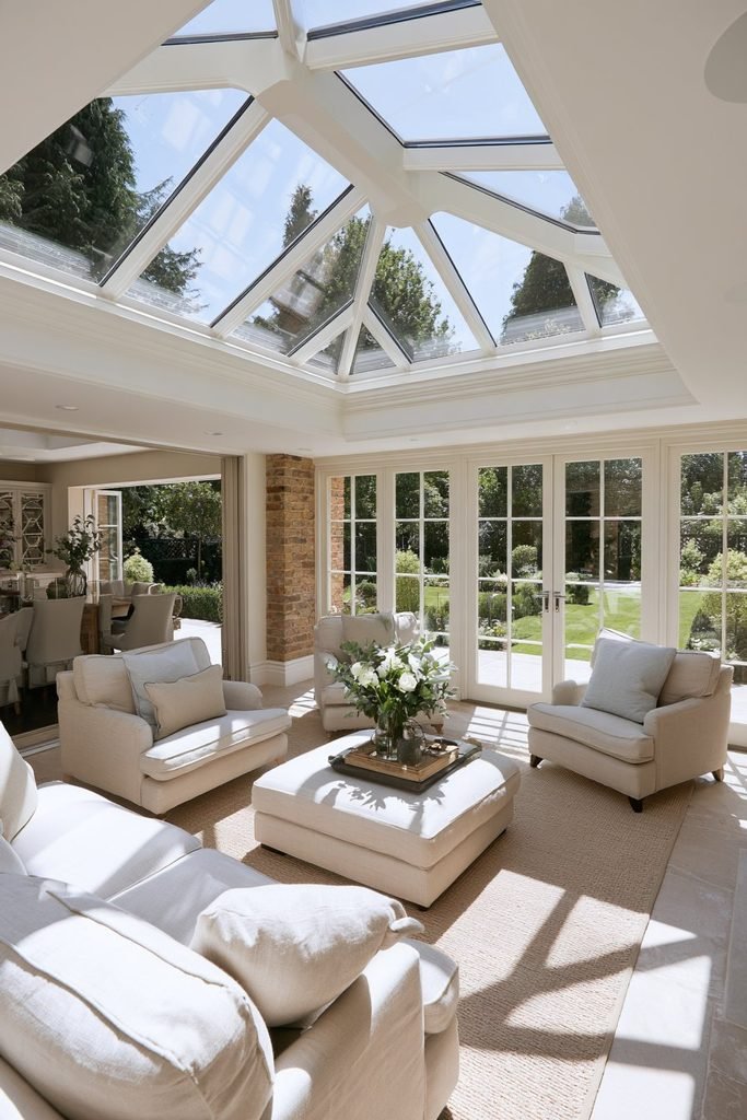 South-facing orangery extension designed with shading, warm materials, and garden-facing glazing.