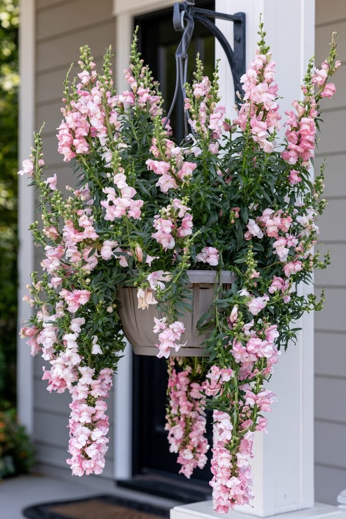 Cascading rose-pink snapdragons spilling over the edge of a fall hanging basket