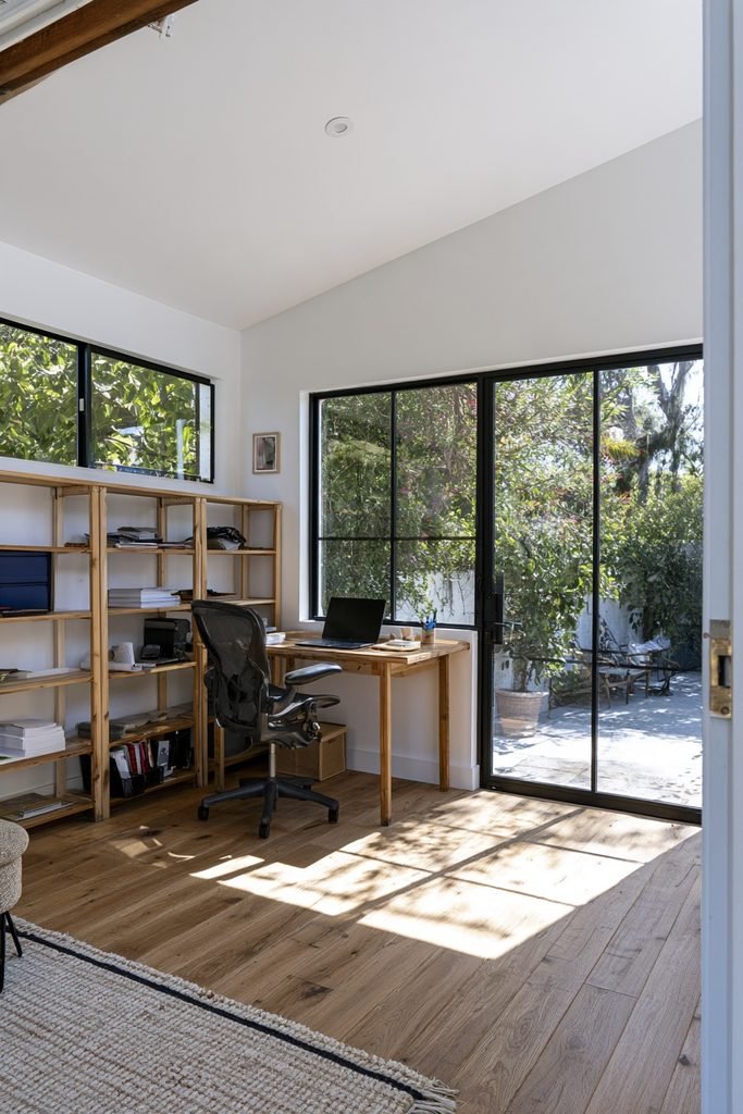 Realistic garage conversion into a light-filled home office with a large window wall, built-in shelving, and compact desk.