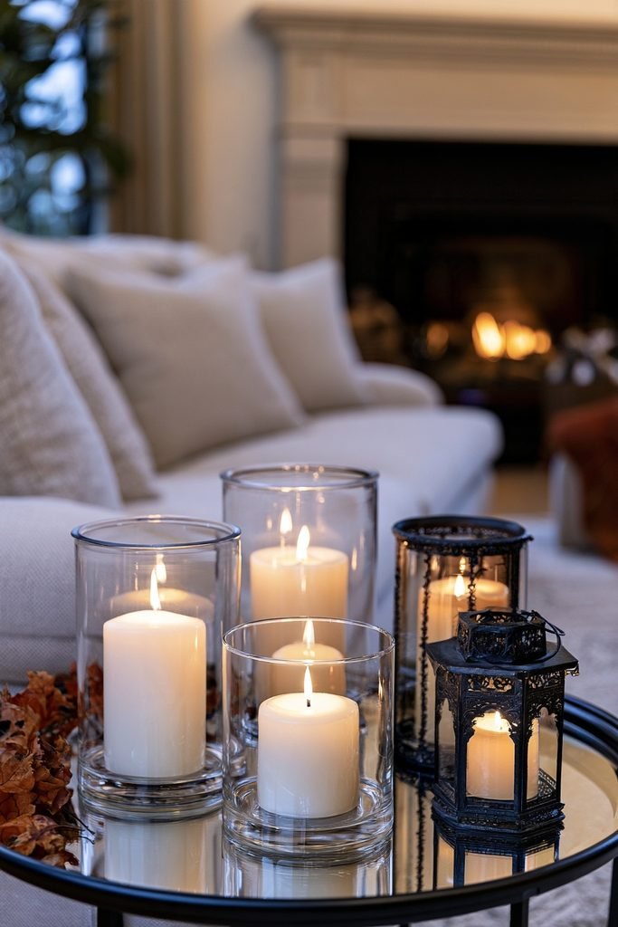 Cozy Thanksgiving living room illuminated by candles, lanterns, and hurricane candle holders.