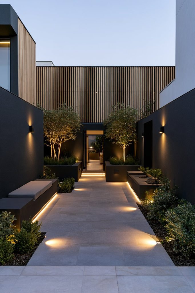 Contemporary house courtyard with layered outdoor lighting, wall lights, and patio illumination