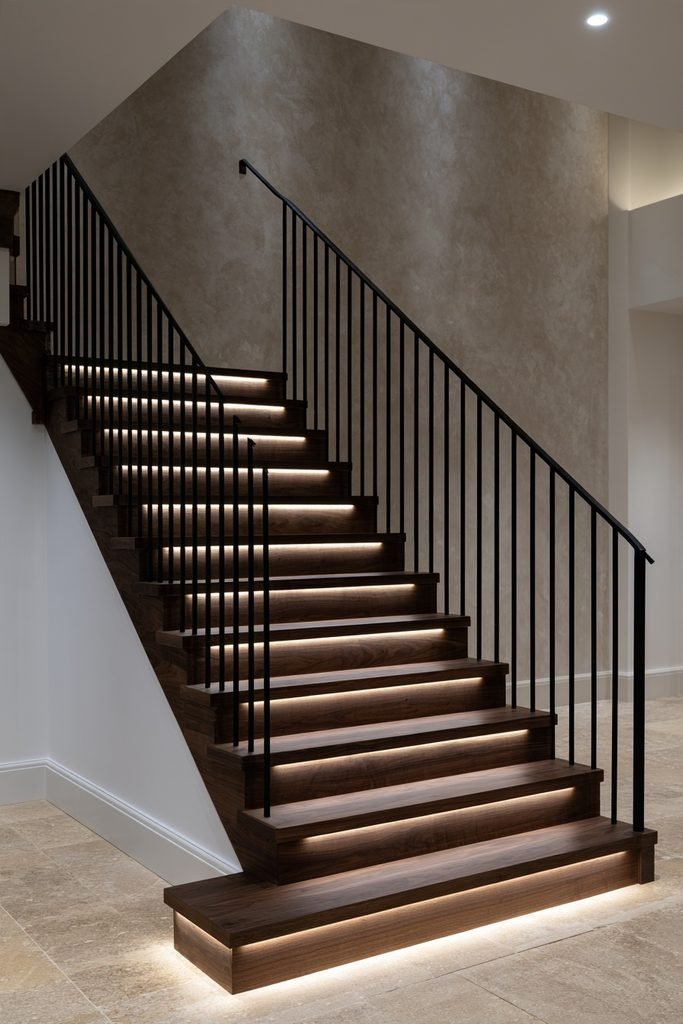 Residential staircase with subtle LED lighting installed beneath each stair tread