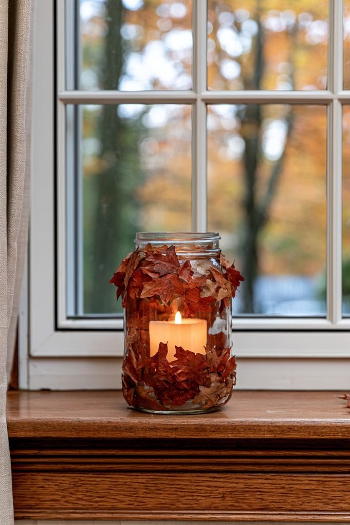 DIY fall leaf mason jar lanterns glowing on a windowsill with an autumn view outside.