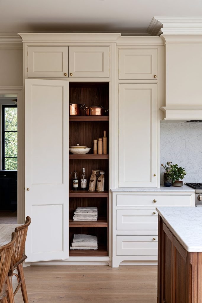 Classic larder cupboard with contrasting green interior lining, timber shelves, jars, baskets, and pantry organization