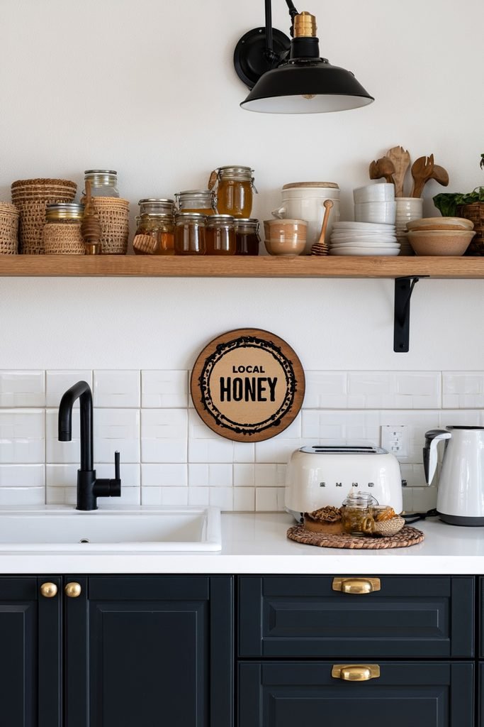 Round "Local Honey" wooden kitchen sign displayed on open shelving with honey jars and woven baskets.