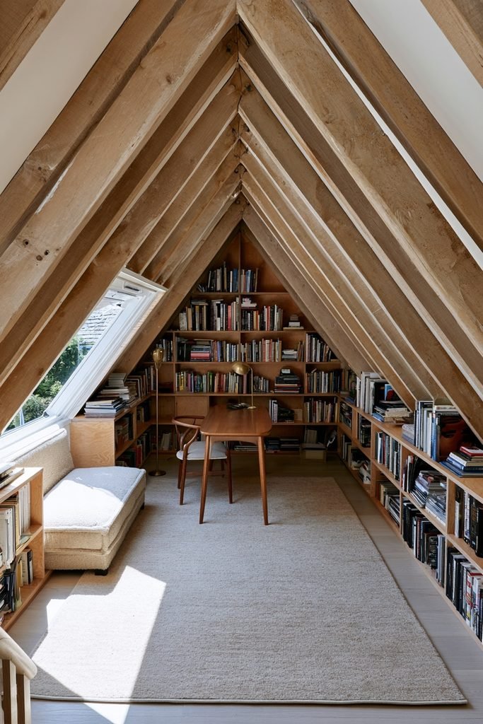 Compact loft library with exposed rafters, built-in bookshelves, reading chair, rooflight, and custom eaves storage