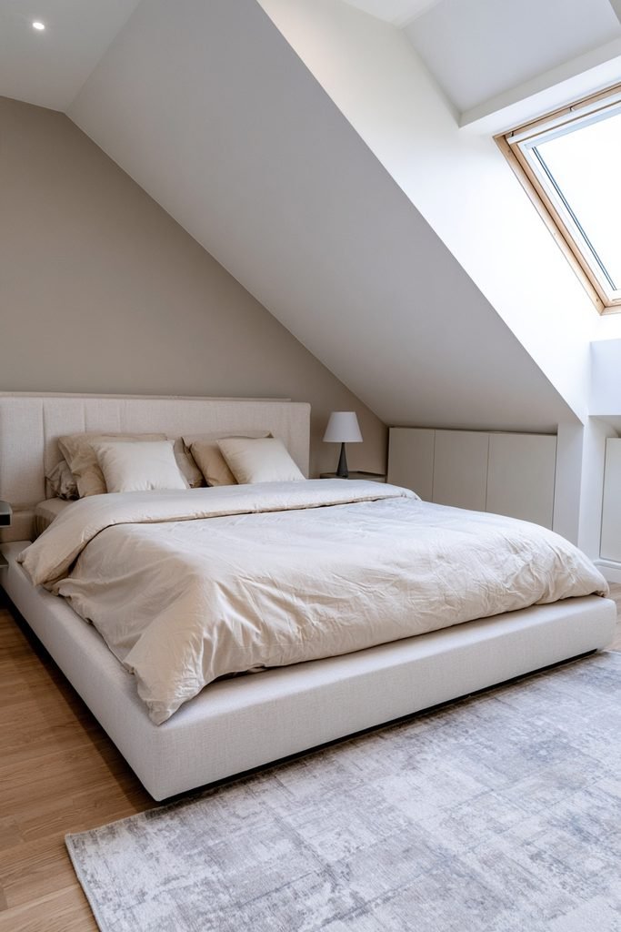 Small attic bedroom with low-profile platform bed, steep sloped ceiling, eaves storage, rooflight, and oak flooring