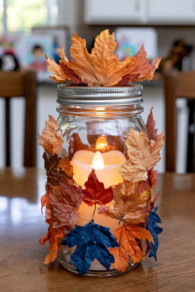Kids DIY fall leaf mason jar lanterns made with colorful leaves collected during a nature walk.