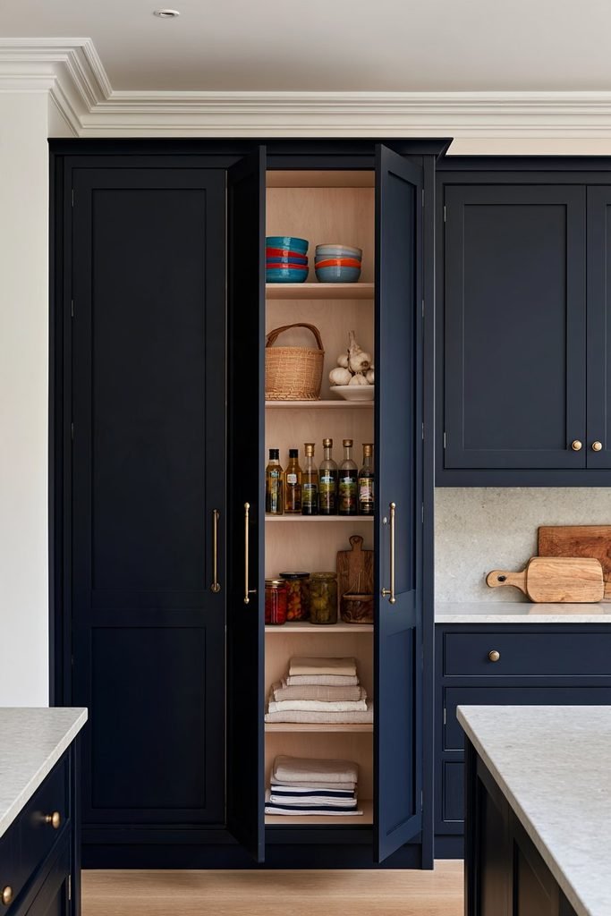 Navy blue larder cupboard with brass handles, pale timber shelves, jars, tins, and organized pantry supplies
