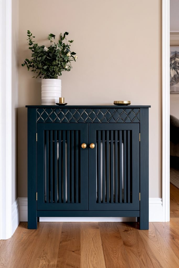Painted radiator cover with decorative stencil pattern and brass hardware