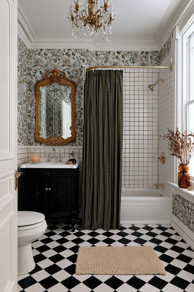 Small bathroom with an olive green shower curtain and subtle fall accents