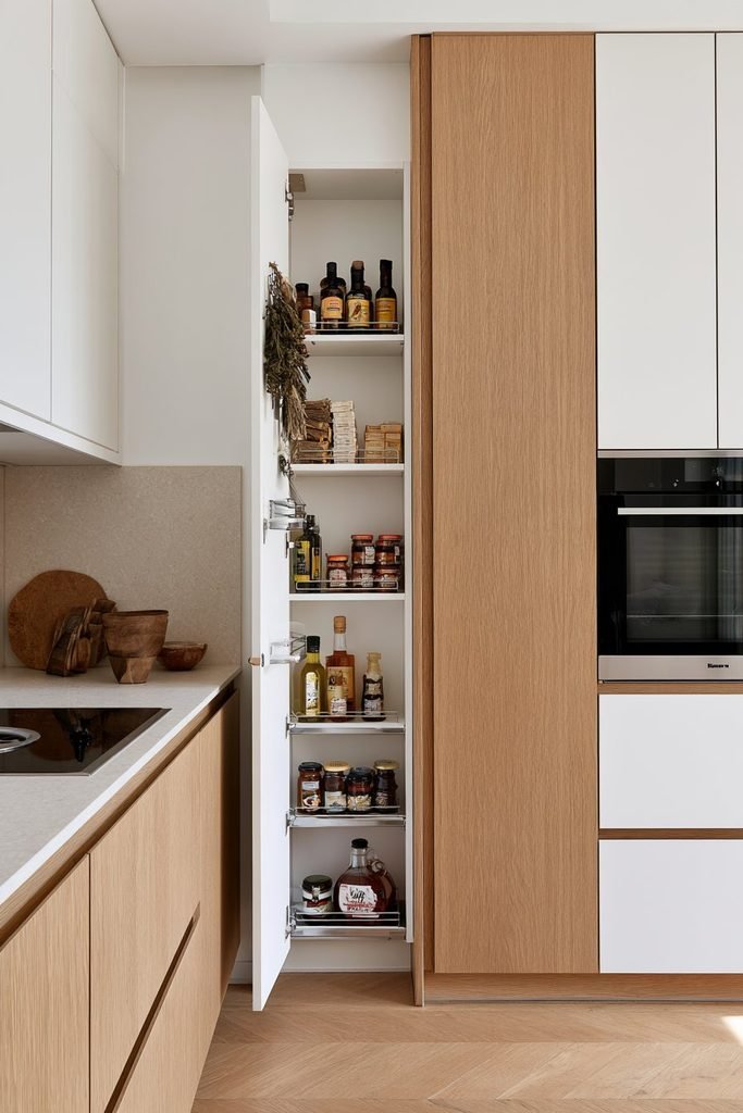 Slim larder cupboard with tall shelves, pull-out trays, and door racks maximizing storage in a small kitchen