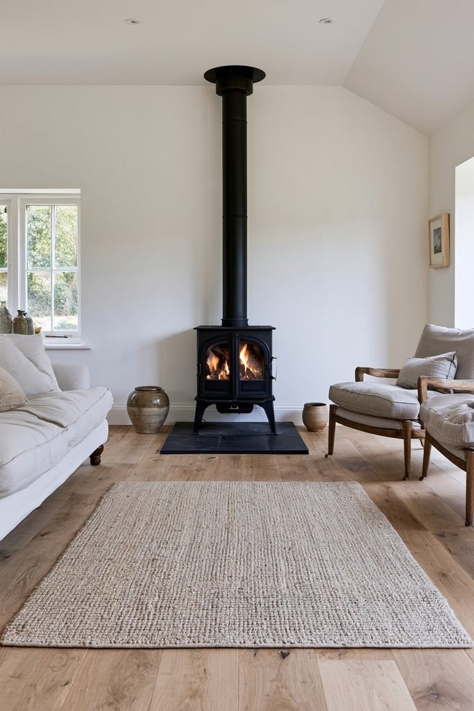 Modern living room with a black log burner as the focal point, surrounded by a sofa, lounge chairs, stone hearth, and warm neutral decor.