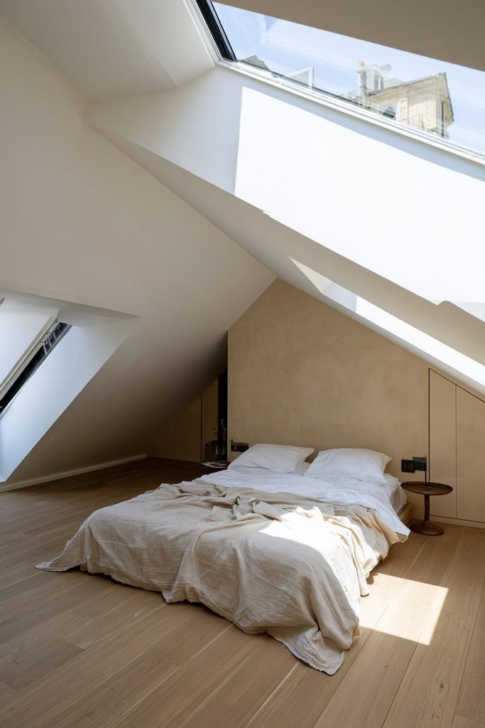 Compact mansard loft conversion with steep roof walls, modest bedroom, built-in storage, and natural wood flooring