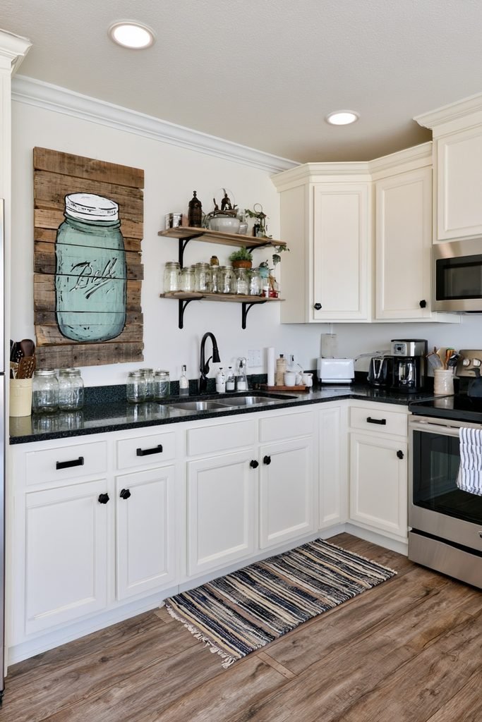 Handmade mason jar pallet art sign mounted beside canning storage shelves in a farmhouse kitchen.